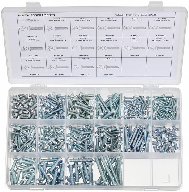 Approved Vendor CPS1ZA39GR Machine Screw Assortment, Round, Phillips, Steel, Zinc-Plated, 445 Pieces, 16 Unique Sizes
