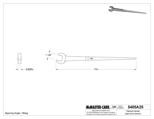 McMaster 5405A25 Open-End Wrench for Hole Alignment (Spud Wrench), 1-1/8" Size, 17" Long, Black-Oxide Steel