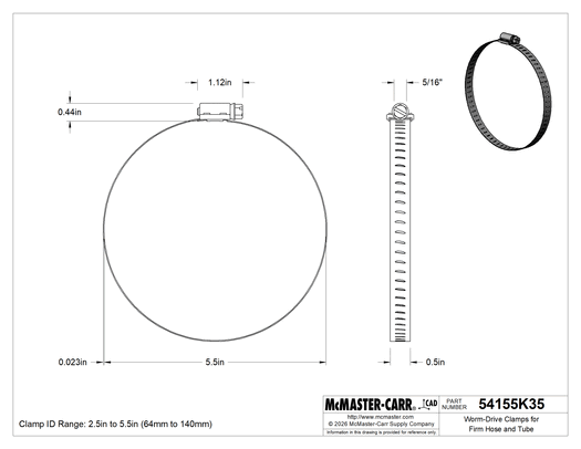 McMaster 54155K35 Worm-Drive Clamps for Firm Hose and Tube, with 305 Stainless Steel Screw, 1/2" Wide Band, 2-1/2" to 5-1/2" Clamp ID, Pack of 5