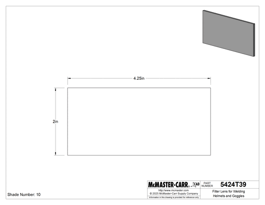 McMaster 5424T39 Filter Lens for Welding Helmets and Goggles, Shade Number 10, 2" x 4-1/4", Green Glass