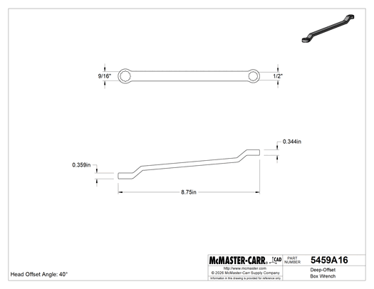McMaster 5459A16 Deep-Offset Box Wrench, 1/2" x 9/16" Size, 8-3/4" Overall Length