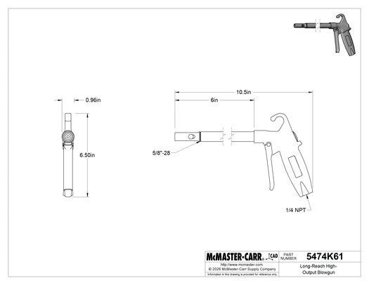 McMaster 5474K61 Long-Reach High-Output Blowgun, 6" Long Nozzle, 1/4 NPT Female Air Inlet