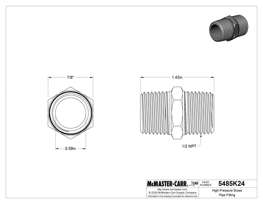 McMaster 5485K24 High-Pressure Brass Pipe Fitting Straight Connector, 1/2 NPT Male
