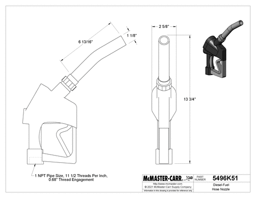 McMaster 5496K51 Diesel-Fuel Hose Nozzle, 25 gpm Flow Rate, 1 NPT Female Connection
