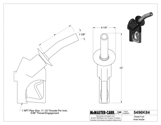 McMaster 5496K84 Diesel-Fuel Hose Nozzle with Three-Position Hold-Open Clip, 75 gpm Maximum Flow