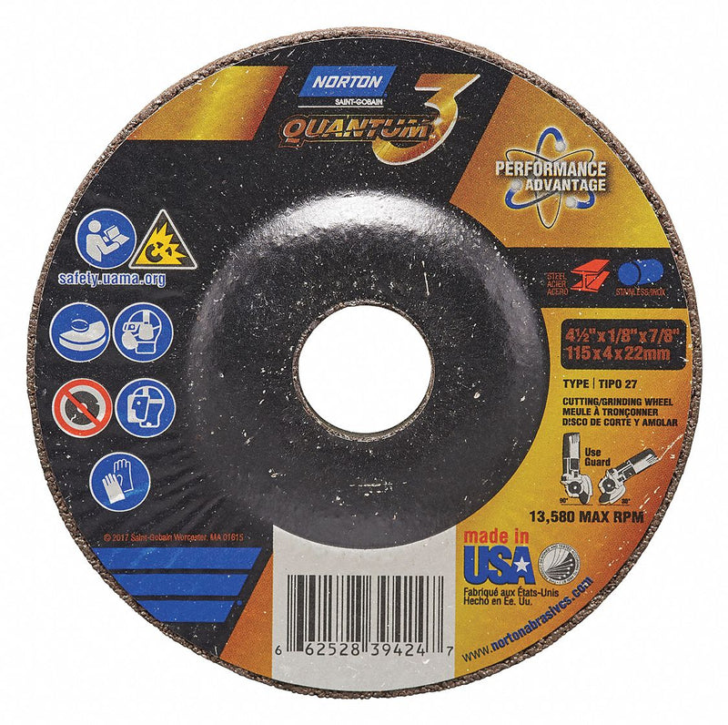 Norton 66252839424 Cut-Off & Grinding Wheel, Type 27, 4 1/2" x 1/8" x 7/8", Ceramic, 36 Grit, Quantum 3 SG PK25