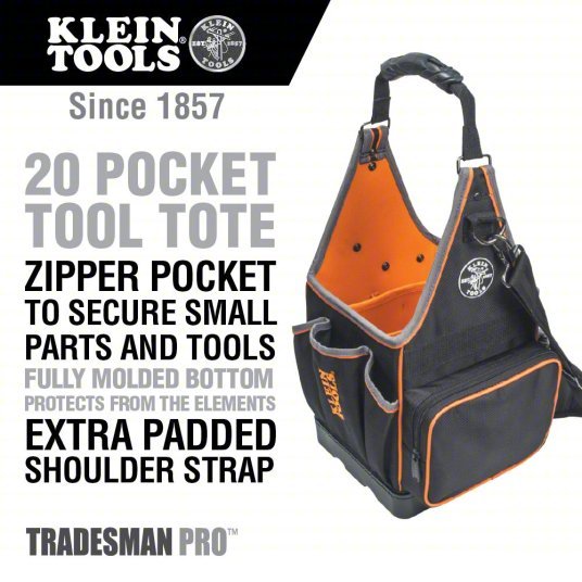 Klein 554158 - 14 Tool Tote Ballistic Nylon, Black, 11 Outside Pockets, 9 Inside Pockets - KVM Tools Inc.KV35HU76