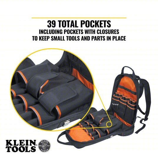 Klein 55421BP - 14 Tool Backpack 4 Outside Pockets, 35 Inside Pockets, 14 1/2 in Overall Wd, Black - KVM Tools Inc.KV35HU81