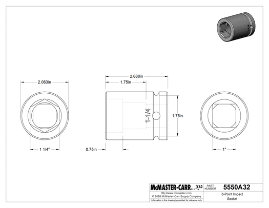 McMaster 5550A32 6-Point Impact Socket, 1" Square Drive, Standard, 1-1/4" Size, 2-11/16" Overall Length
