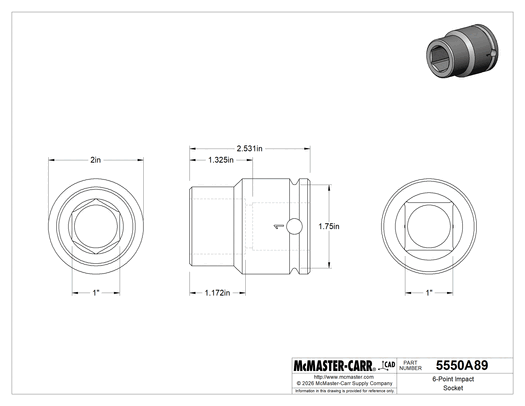McMaster 5550A89 6-Point Impact Socket, 1" Square Drive, Standard, 1" Size, 2-9/16" Overall Length