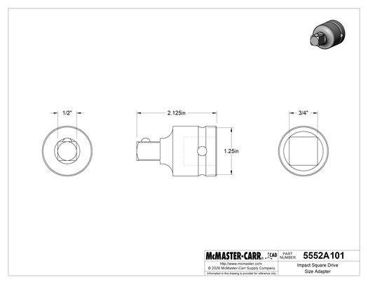 McMaster 5552A101 Impact Square Drive Size Adapter, 3/4" Female x 1/2" Male