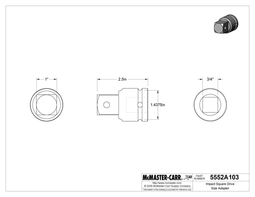 McMaster 5552A103 Impact Square Drive Size Adapter, 3/4" Female x 1" Male