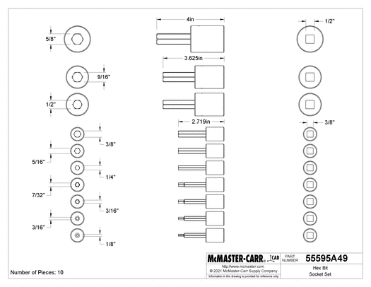 McMaster 55595A49 Hex Bit Socket Set 3/8" and 1/2" Square Drive, 10 Pieces, Inches