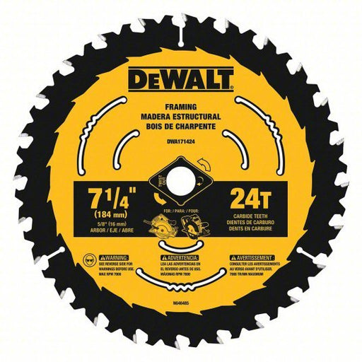 DeWalt DWA171424 Circular Saw Blade 7 1/4 in Blade Dia., 24 Teeth, 0.065 in Cut Wd, 5/8 in Arbor Size - KVM Tools Inc.KV55EF21