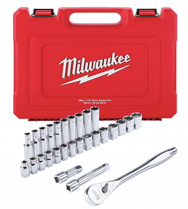 Milwaukee 48-22-9510 1/2" Drive 28 PC Metric Socket Wrench Set, 6-Point, 10mm - 24mm