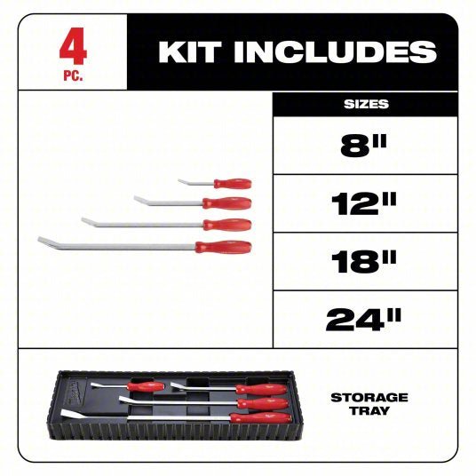 Milwaukee 48 - 22 - 9214 Pry Bar Set Wedge End, 8,12,18,24 in Overall Lg, 1/2 in,3/4 in,1 1/4 in Bar Wd, 4 Pieces - KVM Tools Inc.KV55MN31