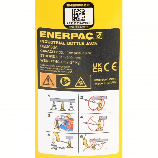 Enerpac GBJ050A High - Clearance Bottle Jacks Steel, Manual Handle, Mechanical, 55 ton Load Capacity - KVM Tools Inc.KV55PV48