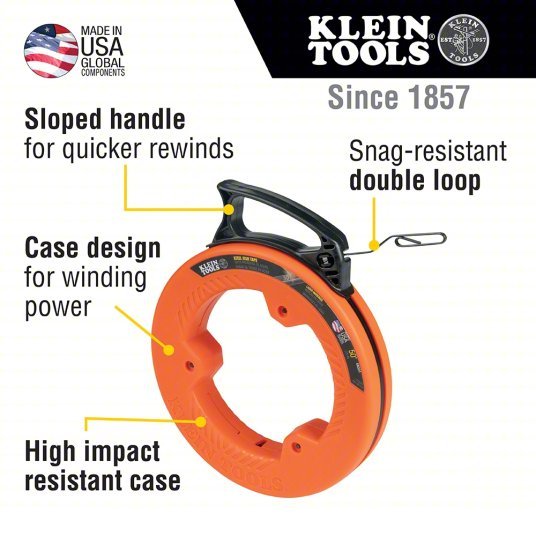 Klein 56331 Steel Fish Tape 50 ft Lg, Flat Tape Shape, Formed Hook End Style, 7 in Case Dia - KVM Tools Inc.KV806FF7
