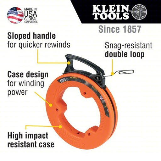 Klein 56331 Steel Fish Tape 50 ft Lg, Flat Tape Shape, Formed Hook End Style, 7 in Case Dia - KVM Tools Inc.KV806FF7