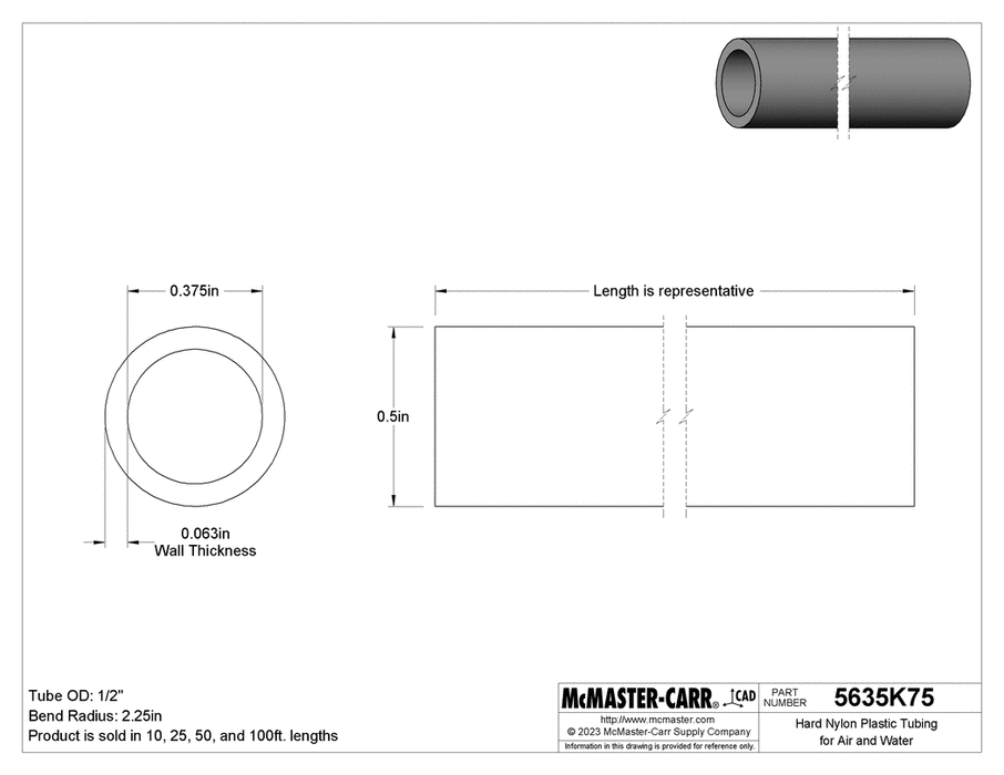 McMaster 5635K75 Opaque Yellow, 3/8" ID, 1/2" OD Hard Nylon Plastic Tubing for Air and Water
