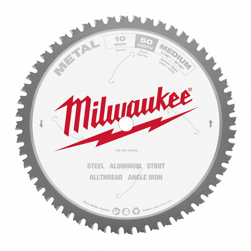 Milwaukee 48-40-4260 Circular Saw Blade, 10 in Blade Dia., 50 Teeth, 0.08 in Cut Wd, 5/8 in Arbor Size, Carbide