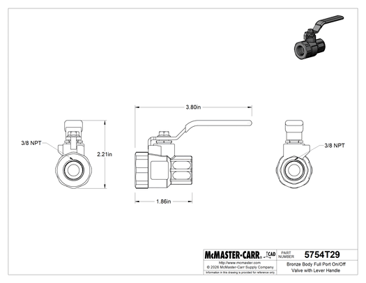 McMaster 5754T29 Bronze Body Full Port On/Off Valve with Lever Handle 3/8 NPT Female x 3/8 NPT Female