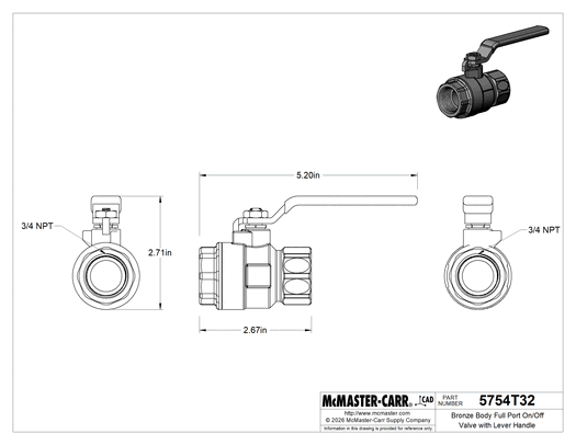 McMaster 5754T32 Bronze Body Full Port On/Off Valve with Lever Handle 3/4 NPT Female x 3/4 NPT Female