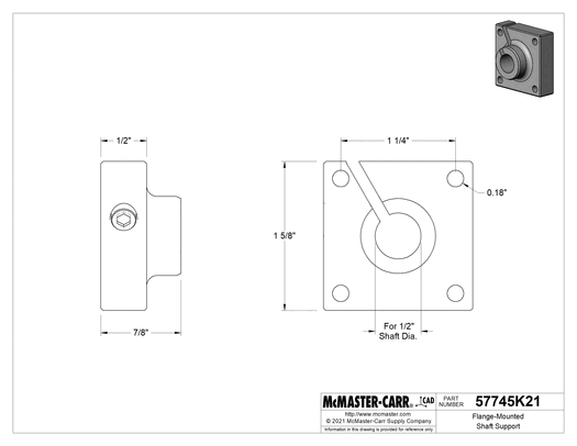 McMaster 57745K21 Flange-Mount Linear Shaft Support, for 1/2" Diameter Shafts, 6061 Aluminum