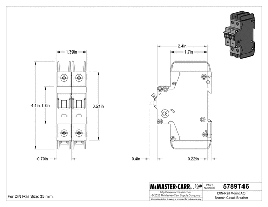 Mcmaster 5789T206 DIN-Rail Mount Branch Circuit Breaker C Trip Type, 2 Pole-Toggle Style