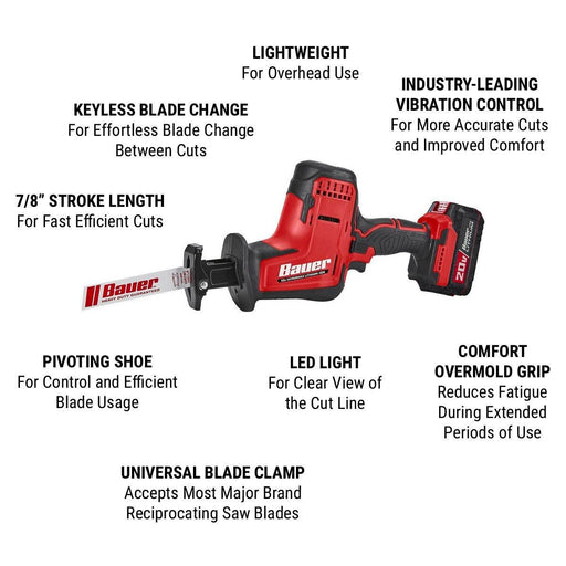 Bauer 21702CR - B/58458 20V Brushless Cordless Compact Reciprocating Saw – Tool Only - KVM Tools Inc.KV58458