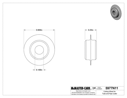 McMaster 5977N11 Cutting Wheel for Tube and Pipe Cutters Steel, for Imperial 174F, 312FC, TC1000, TC1010 and TC2050