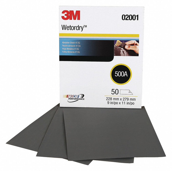 3M 7000118291 Sanding Sheet, 11 in x 9 in, 500 Grit, Silicon Carbide, PK50