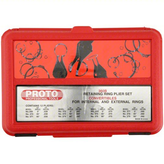 Proto J360B Retaining Ring Plier Set: Internal/External, For 3/8 in to 3 in Bore Dia, 0°,45°,90° Tip Angle - KVM Tools Inc.KV5C602