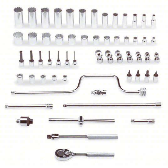 Proto J52142 Socket Wrench Set 3/8 in Drive Size, 58 Pieces, 1/4 in to 1 in Socket Size Range, Chrome - KVM Tools Inc.KV5C860