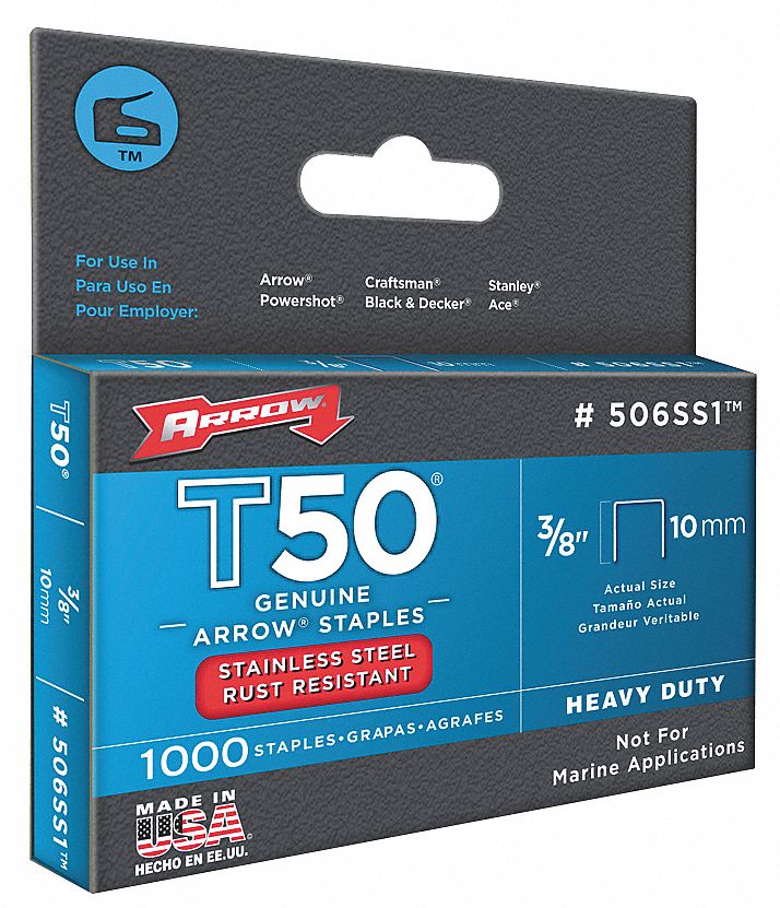 Arrow 506SS1 T50 Heavy Duty Staples 3/8 in Stainless Steel 1000 PK