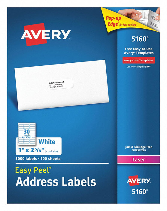 Avery 7278205160 Easy Peel Address Labels, 5160, 1 x 2-5/8 in, White, 3000 Labels
