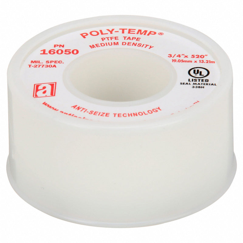 Anti-Seize Technology 16050A POLY-TEMP MD Thread Sealant Tape, PTFE, 3/4 in W x 43 ft L, White