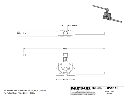 McMaster 6051K15 Roller Chain Breaker, for ANSI Chain Nos. 25, 35, 40, 41, 50, 60, Steel, 10.75" Long