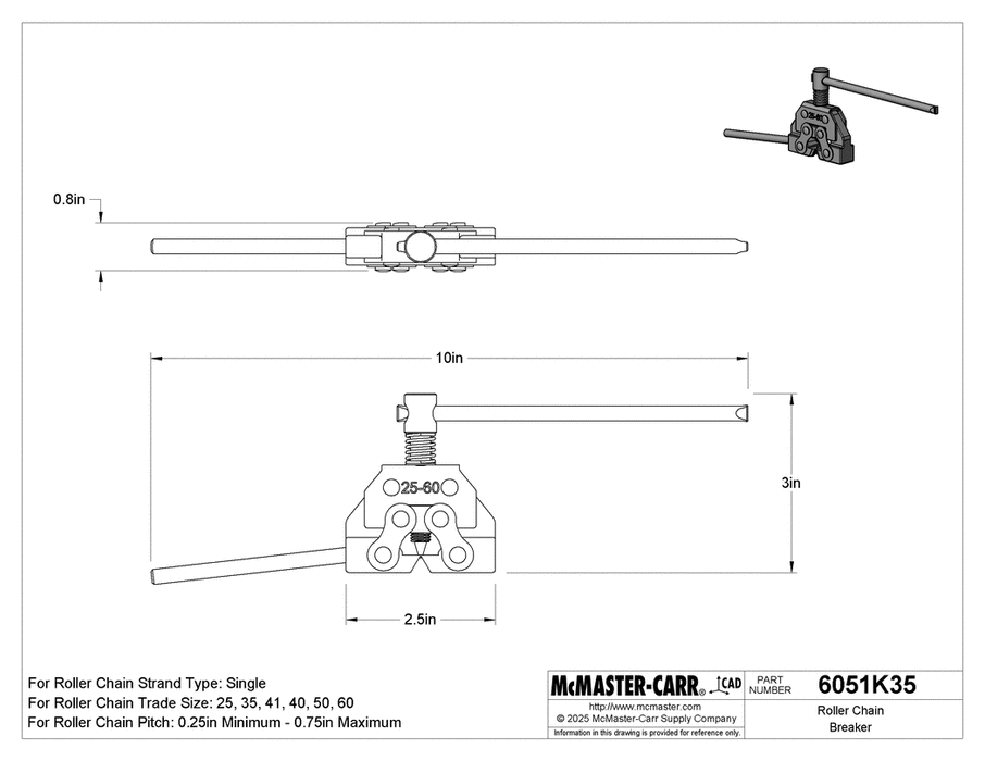 McMaster 6051K35 Roller Chain Breaker for ANSI Chain Numbers 25, 35, 41, 40, 50 and 60