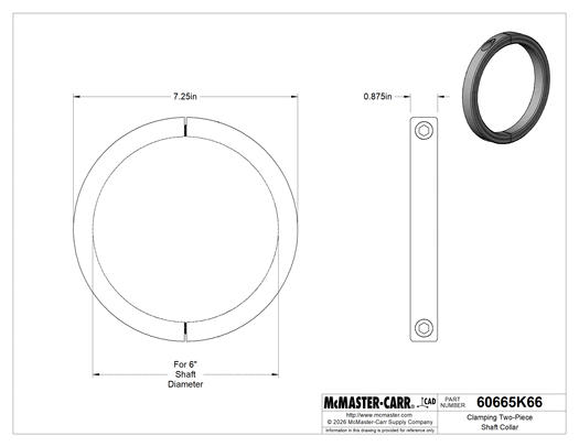McMaster 60665K66 Clamping Two-Piece Shaft Collar, for 6" Shaft Diameter, Black-Oxide 1215 Carbon Steel