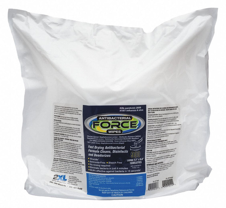 2XL 2XL401 Disinfecting Wipes, Bag, Ready to Use, Wipe, Quat, 8 in x 6 in Sheet Size, Unscented, 4 PK