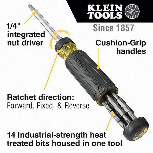 Klein 32305 Multi-Bit Screwdriver: #0/#1/1/4 in/#2/#3/3/16 in/T10/T15/T20/T25 Tip Size, 14 Tips - KVM Tools Inc.KV60KN77