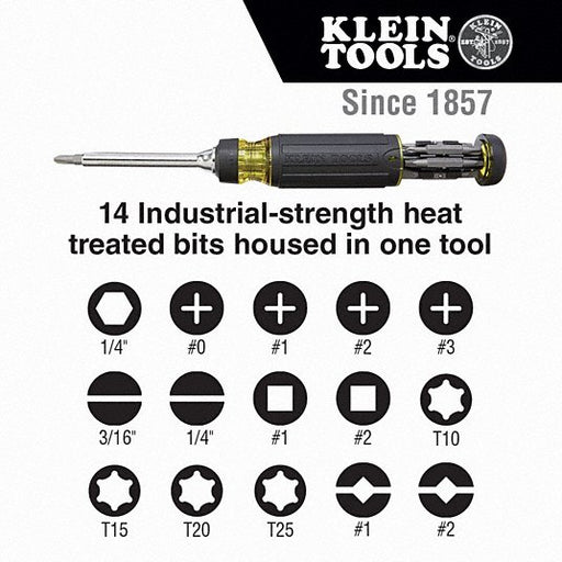 Klein 32305 Multi-Bit Screwdriver: #0/#1/1/4 in/#2/#3/3/16 in/T10/T15/T20/T25 Tip Size, 14 Tips - KVM Tools Inc.KV60KN77