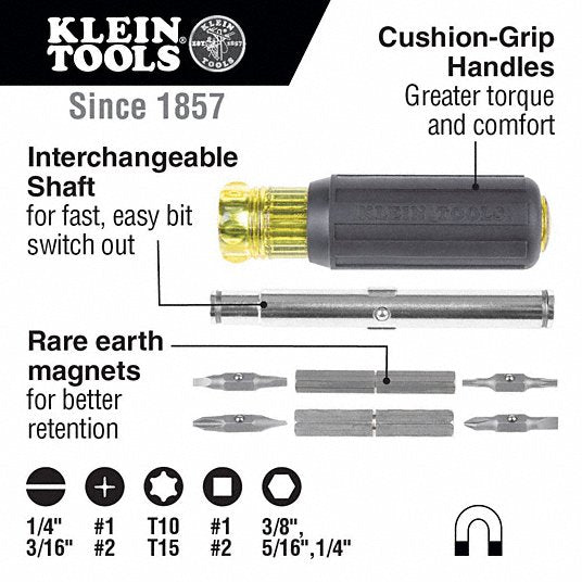 Klein 32500MAG Multi - Bit Screwdriver Phillips/Slotted/Square/Torx Tip, 8 Tips, 7 3/4 in Overall Lg - KVM Tools Inc.KV60KN83