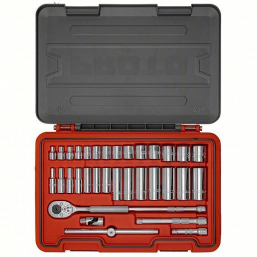 Proto J52134S Socket Set 3/8 in Drive Size, 34 Pieces, 1/4 in to 1 in Socket Size Range, (14) 12-Point - KVM Tools Inc.KV60ML04
