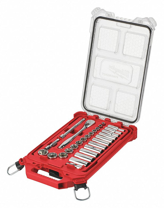 Milwaukee Tool 48-22-9481 Ratchet & Socket Set, 3/8 in Drive, 28 Pieces, SAE, with PACKOUT Compact Organizer
