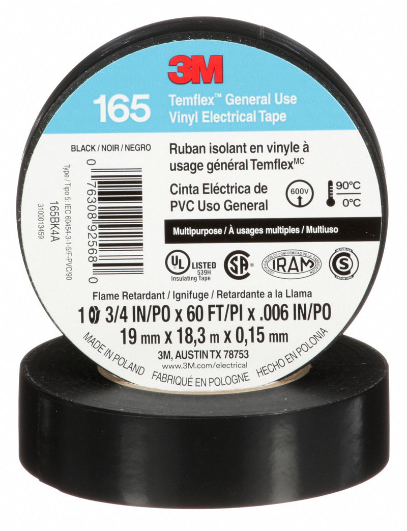 3M 165BK4A Temflex 165 Vinyl Electrical Tape, Black, 3/4 in x 20 yd, 6 mil, 600V, Indoor