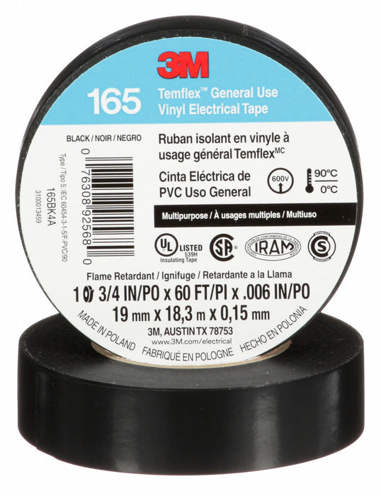3M 165BK4A Temflex 165 Vinyl Electrical Tape, Black, 3/4 in x 20 yd, 6 mil, 600V, Indoor