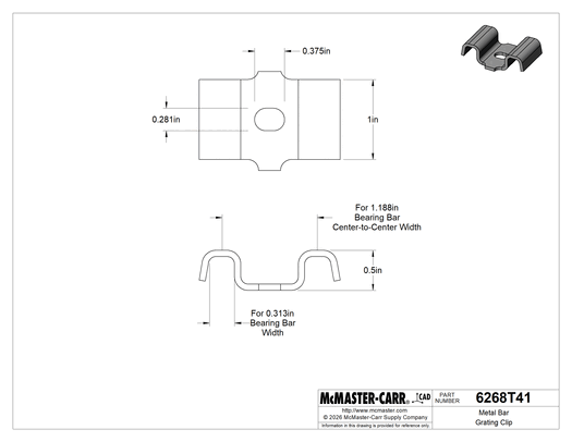 McMaster 6268T41 Metal Bar Grating Clip, Saddle Clip, 304 Stainless Steel