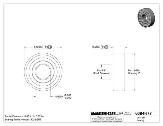 McMaster 6384K77 Steel Ball Bearing, Sealed, Trade No. 3028-2RS, for 5/8" Shaft Diameter, 1300 lb